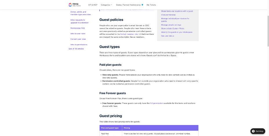 ClickUp help center article on guest types for paid and Free Forever plans