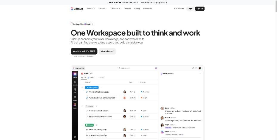 ClickUp homepage with list view and chat panel