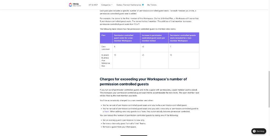 ClickUp help center table of permission controlled guest seats per plan