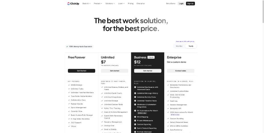 ClickUp pricing page with Free Forever, Unlimited, Business and Enterprise plans