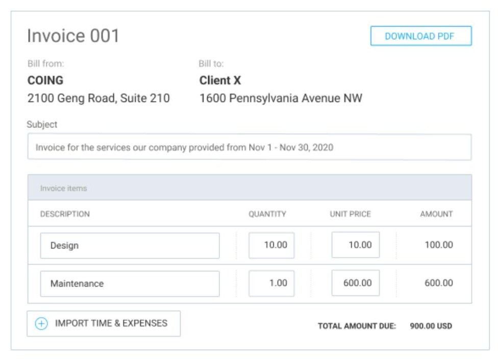 Clockify invoice with Import time and expenses button