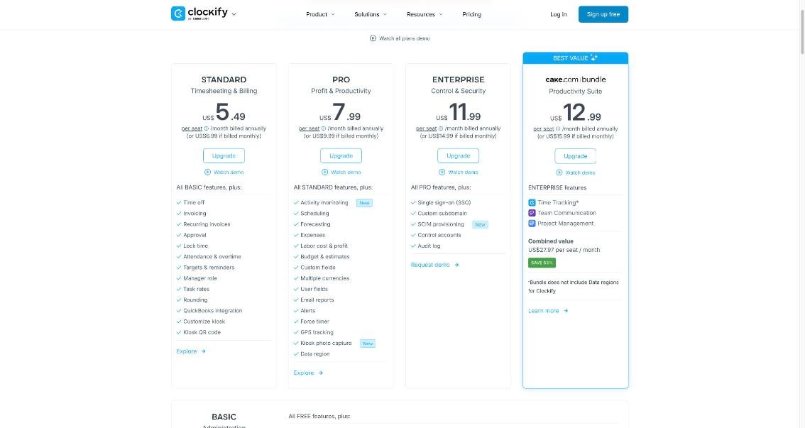 Clockify pricing page showing Standard, Pro and Enterprise plan features