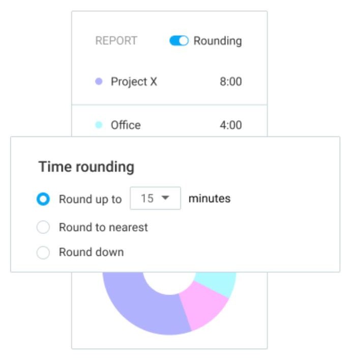 Clockify time rounding options in reports: round up, to nearest or down
