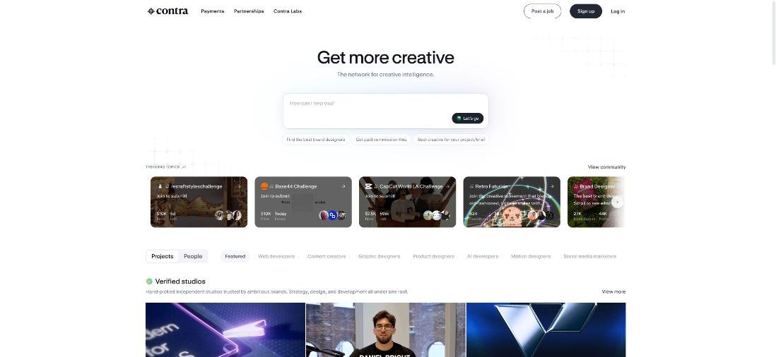 Contra homepage with the Get more creative headline, search box and a Get paid commission-free shortcut