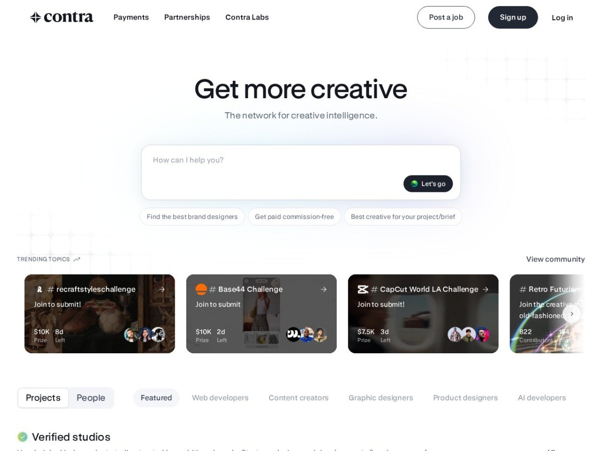 Contra homepage for independent creatives and the companies that hire them