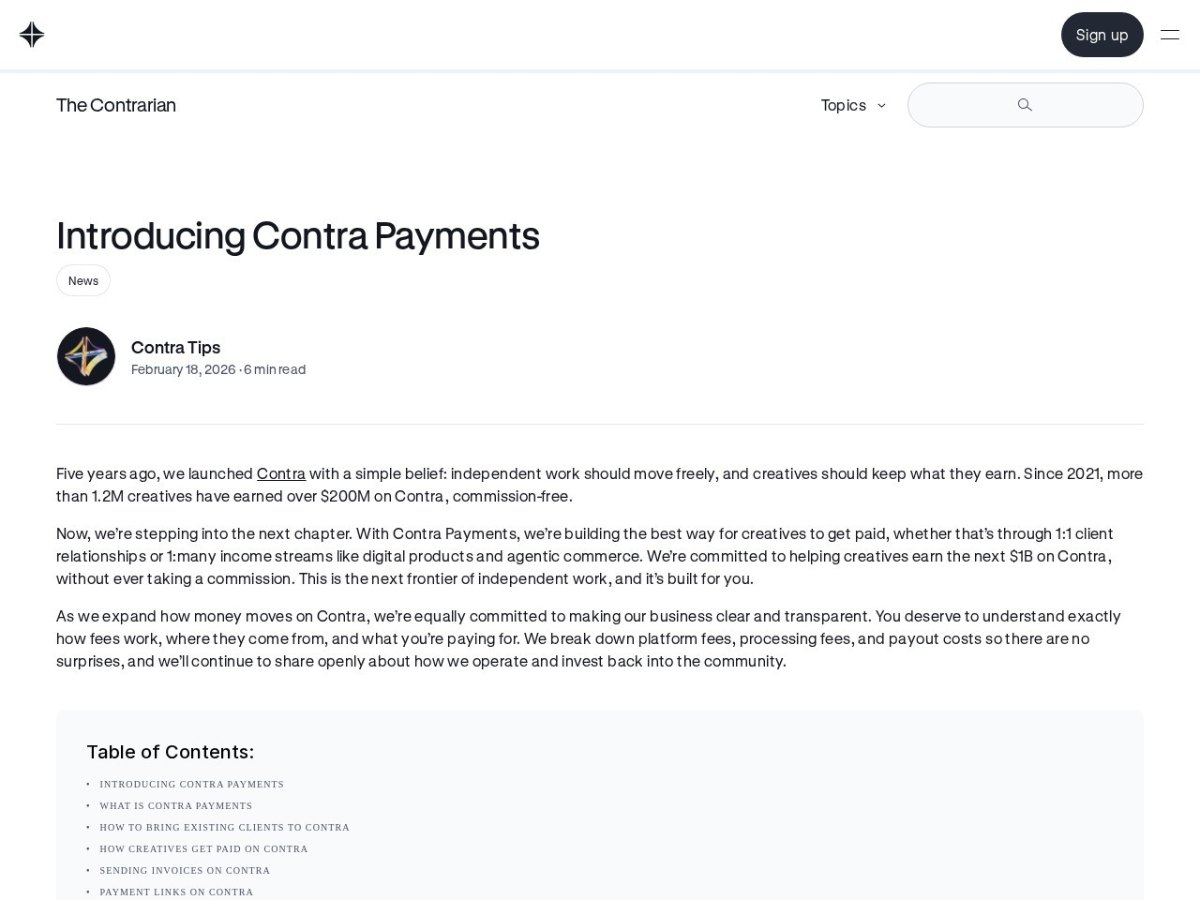 Contra blog post introducing Contra Payments and explaining its fees