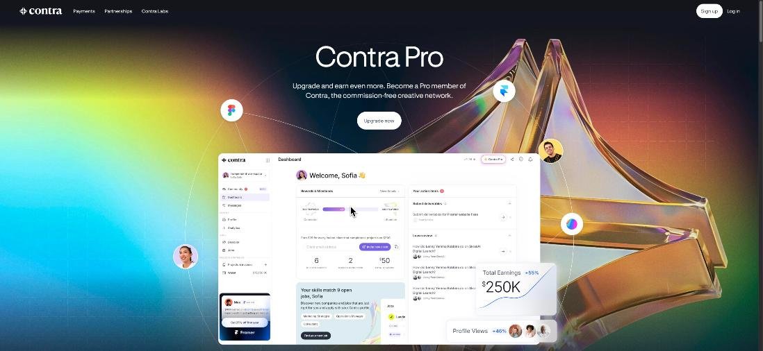 Contra Pro membership page showing the freelancer dashboard with earnings, rewards and matched jobs