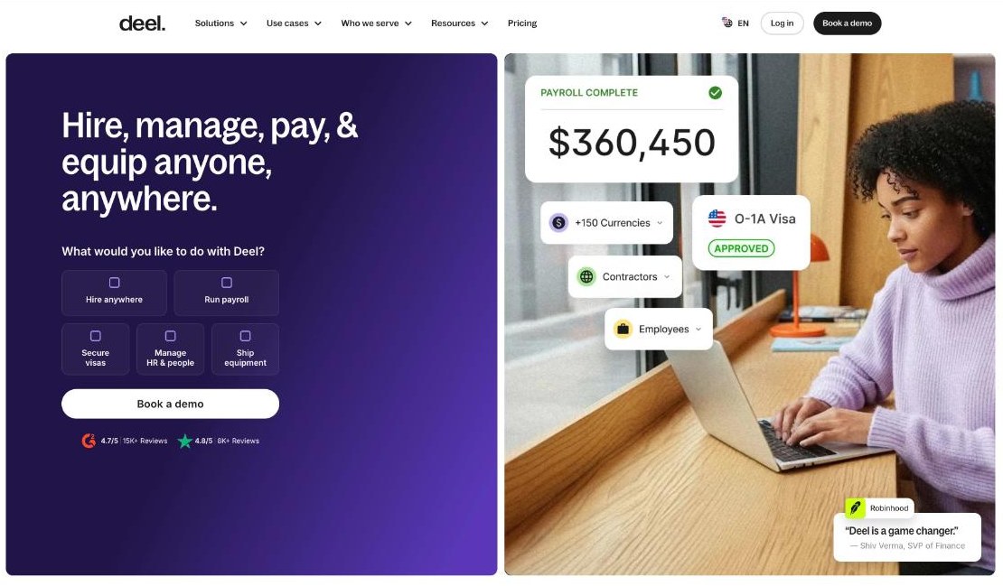 Deel homepage showing hire, manage and pay options for contractors and employees in many currencies