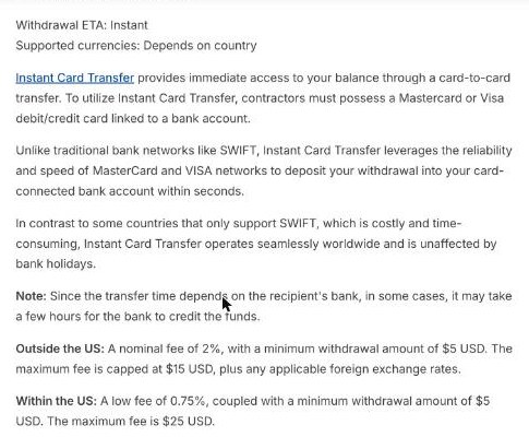 Deel Instant Card Transfer section listing a 2 percent fee outside the US capped at 15 dollars and 0.75 percent in the US