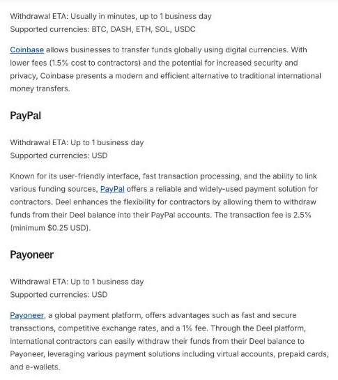 Deel guide section listing Coinbase, PayPal and Payoneer withdrawal times and fees for contractors