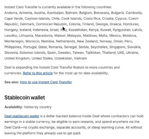 Deel guide section introducing the Deel stablecoin wallet as a dollar-backed balance for contractors