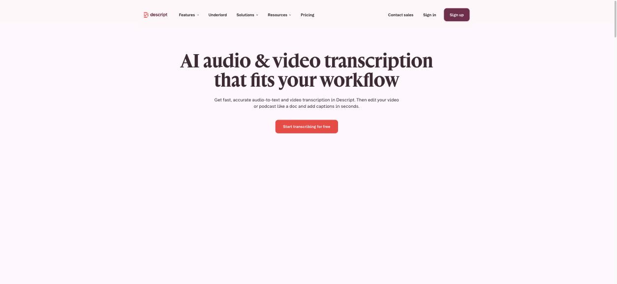 Descript AI audio and video transcription page