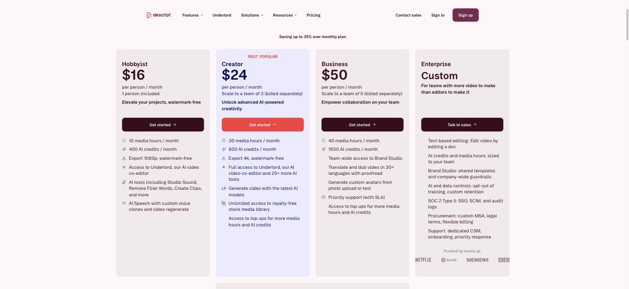 Descript pricing page showing Hobbyist at $16, Creator at $24, Business at $50 and Enterprise custom