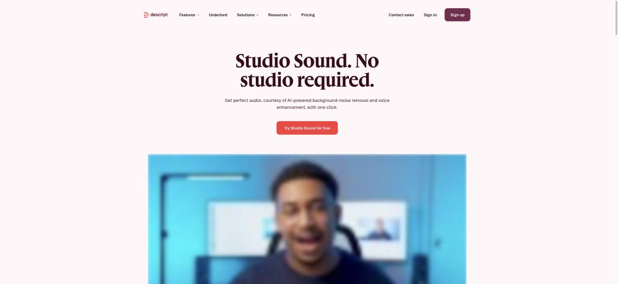 Descript Studio Sound page: no studio required, AI background noise removal and voice enhancement