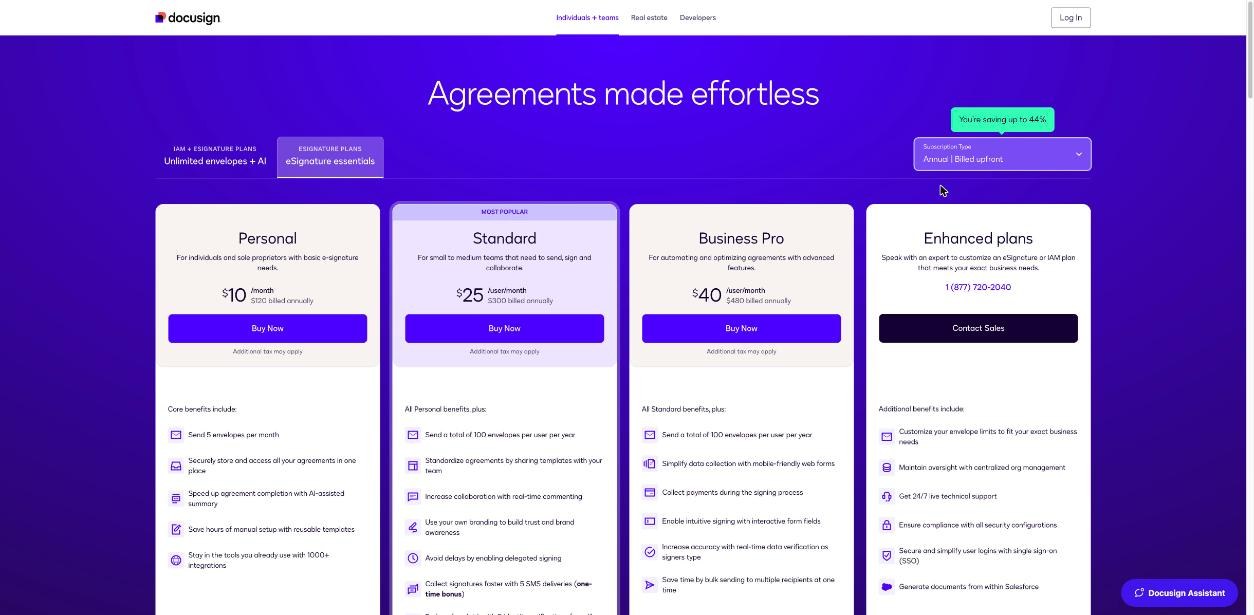Docusign eSignature pricing page showing Personal, Standard, Business Pro and Enhanced plans billed annually