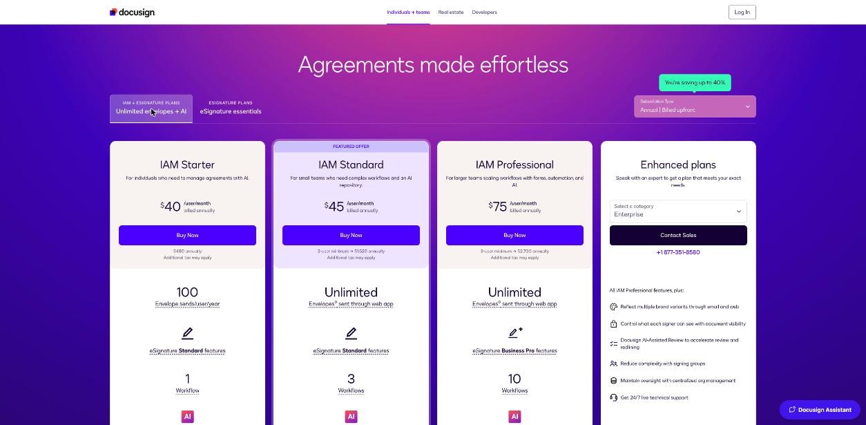 Docusign IAM plans pricing with IAM Starter, IAM Standard and IAM Professional