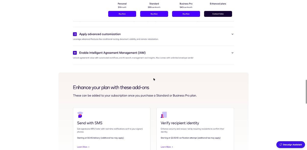 Docusign add-ons for SMS delivery and recipient identity verification available on Standard and Business Pro