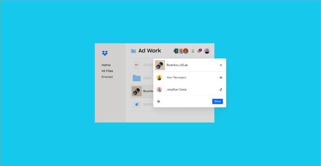 Official Dropbox file sharing illustration showing a share dialog for a client folder