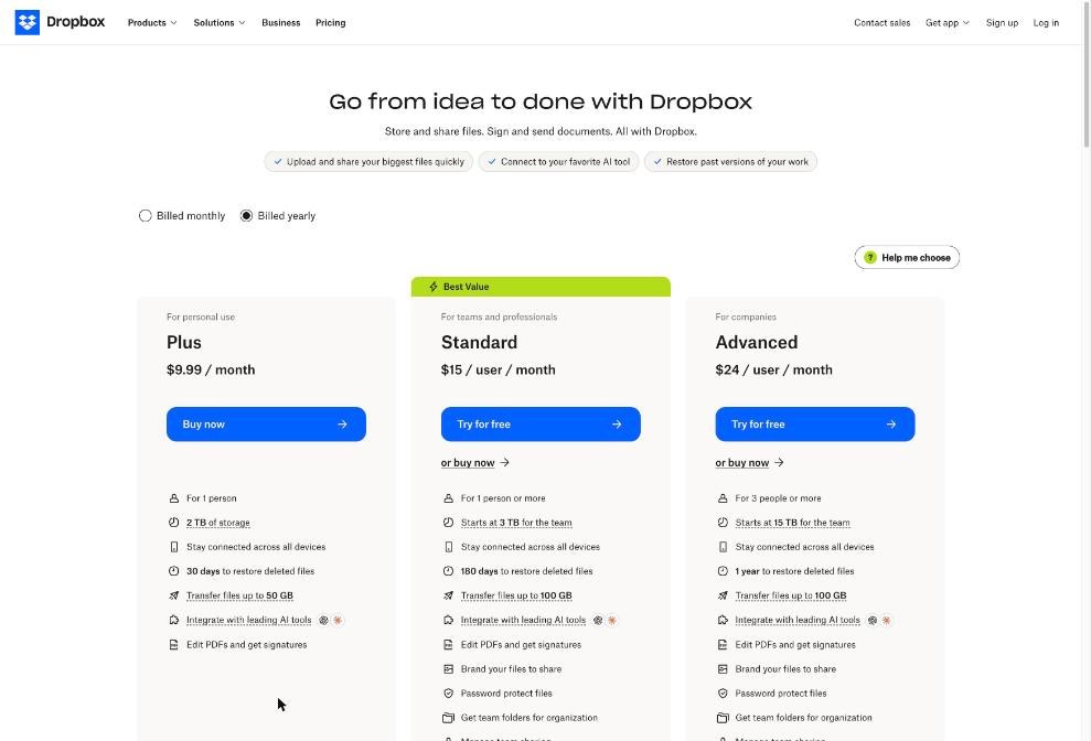 Dropbox plans page showing Plus, Standard and Advanced prices billed yearly
