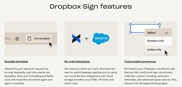 Dropbox Sign features page highlighting reusable templates, no-code integrations and customizable signing experiences