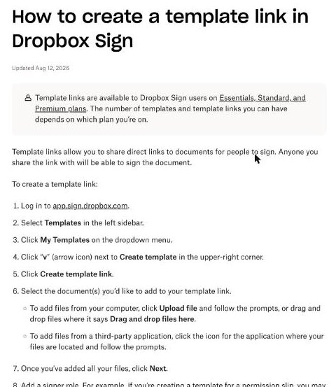 Dropbox help center article How to create a template link in Dropbox Sign with step-by-step instructions