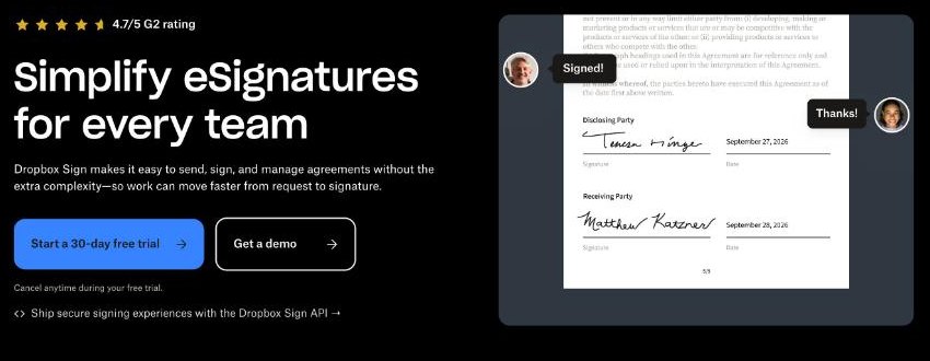 Dropbox Sign homepage headline Simplify eSignatures for every team with a 30-day free trial button