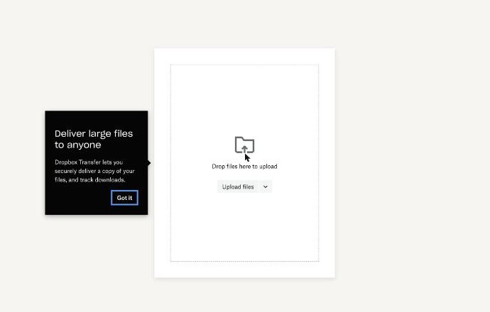 Dropbox Transfer upload screen for delivering large files to anyone