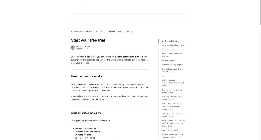 Dubsado help center article Start your free trial explaining the 21-day trial