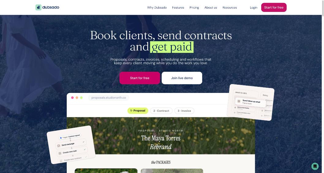 Dubsado homepage showing proposal, contract and invoice steps in one send