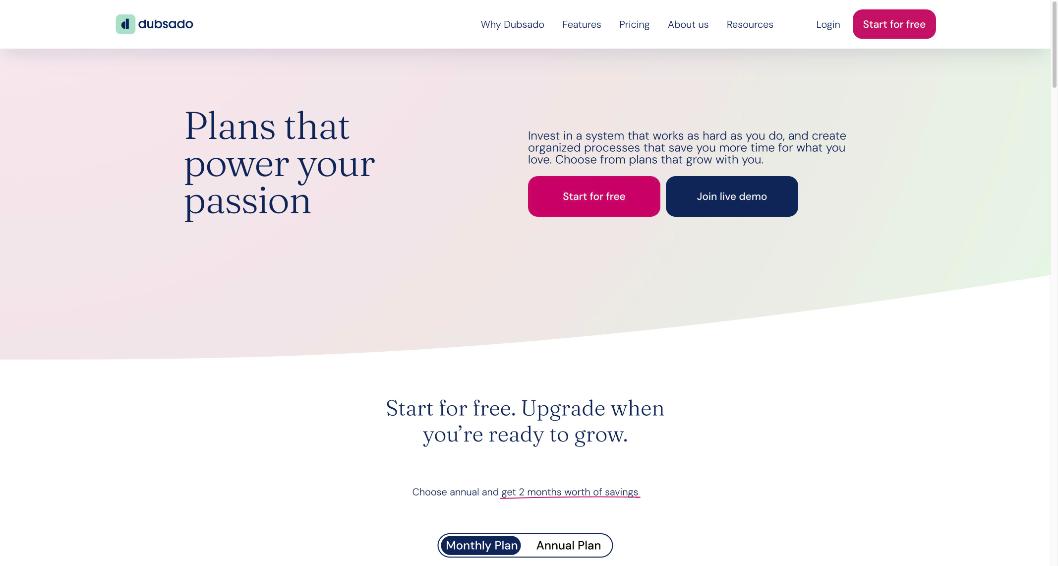 Dubsado pricing page with monthly and annual plan toggle