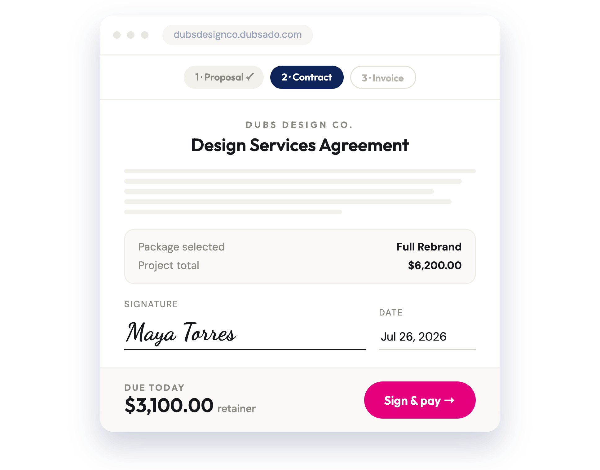 Official Dubsado proposal form illustration with packages