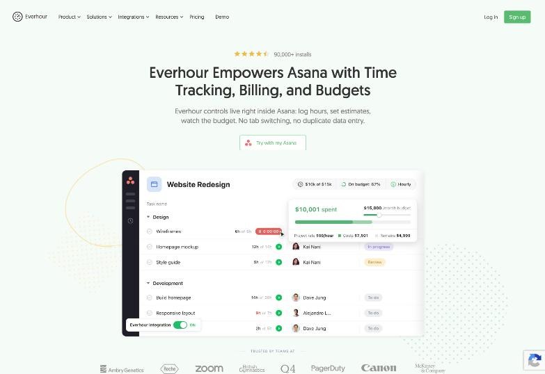 Everhour integration inside Asana showing task estimates, timers and a project budget