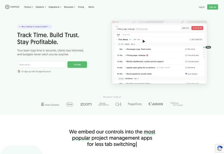 Everhour homepage showing a weekly timesheet with tasks and a running timer