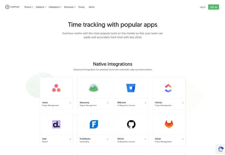 Everhour native integrations page listing Asana, Basecamp, Bitbucket, ClickUp, Deel, FreshBooks, GitHub and GitLab