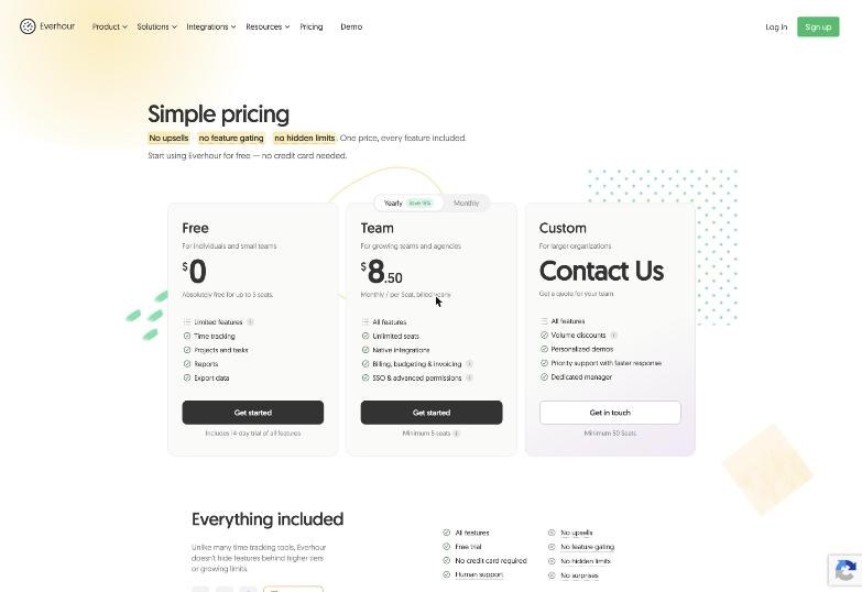 Everhour pricing page with Free, Team at 8.50 dollars per seat and Custom plans