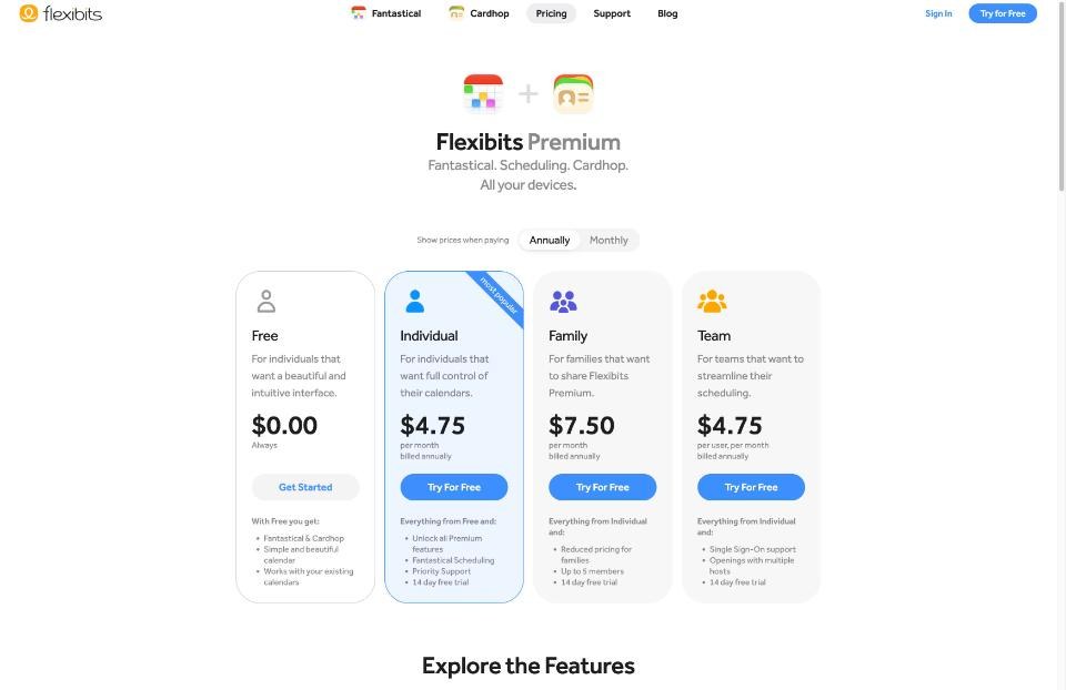 Flexibits Premium pricing: Free, Individual, Family and Team plans billed annually