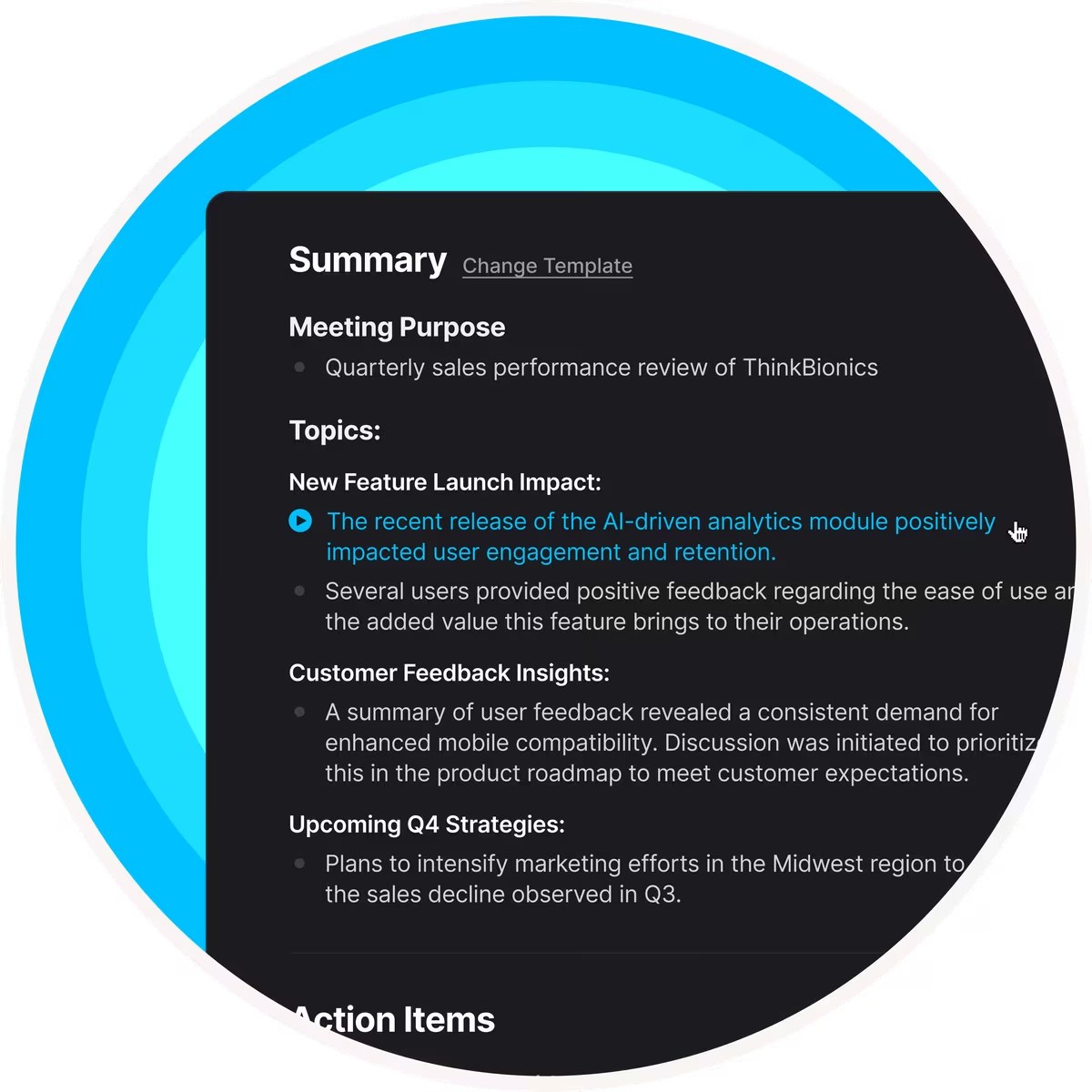 Fathom AI meeting summary listing the meeting purpose, topics and action items
