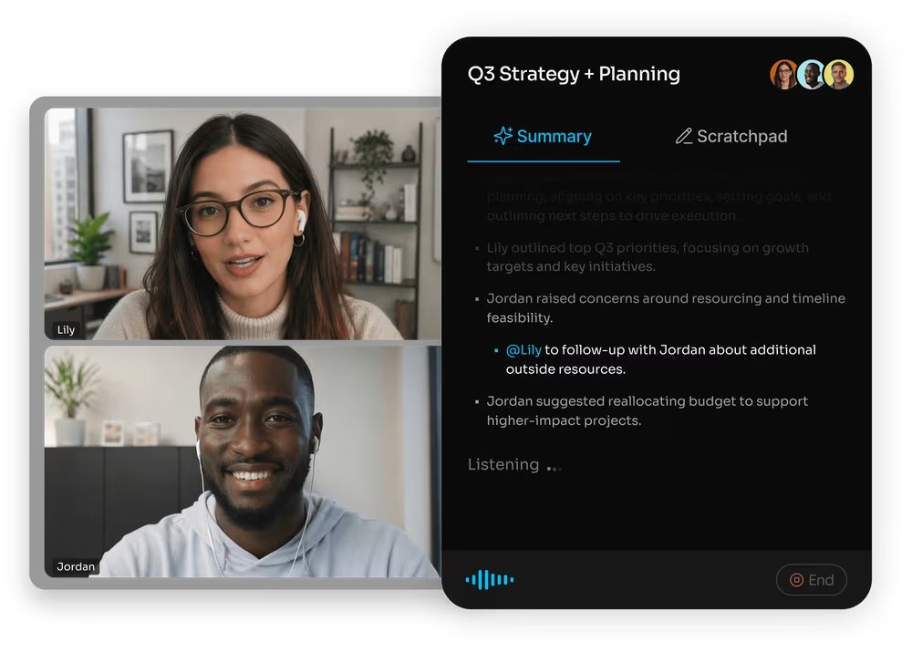 Fathom running during a two-person video call with a Summary and Scratchpad panel beside the meeting