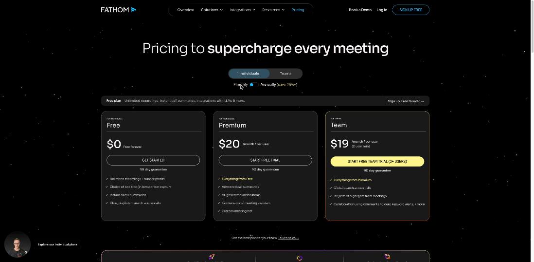 Fathom pricing page for individuals showing Free at $0, Premium at $20 per month and Team at $19 per user per month on monthly billing