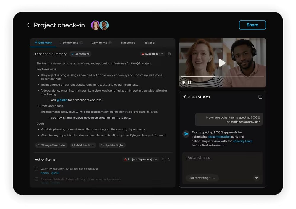 Fathom recorded call page for a project check-in with the AI summary, action items and an Ask Fathom chat panel