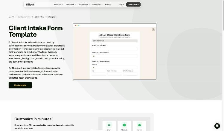 Fillout client intake form template page with a preview of the form and a Use template button