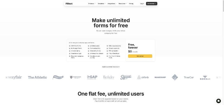 Fillout pricing page showing the free forever plan with unlimited forms, unlimited seats and 1000 responses per month