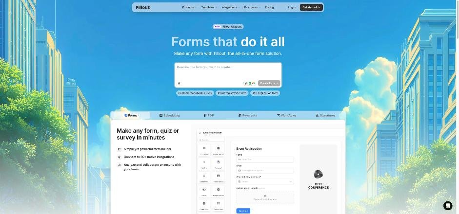 Fillout homepage with the form builder, scheduling, PDF, payments, workflows and signatures tabs