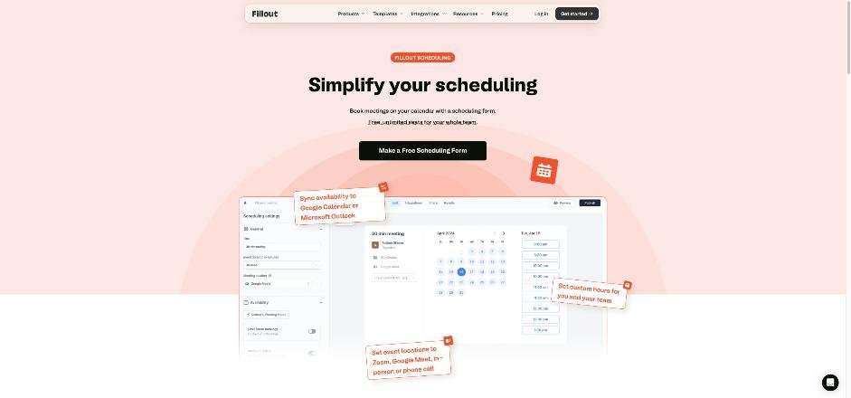 Fillout scheduling page showing a booking form synced with Google Calendar or Microsoft Outlook