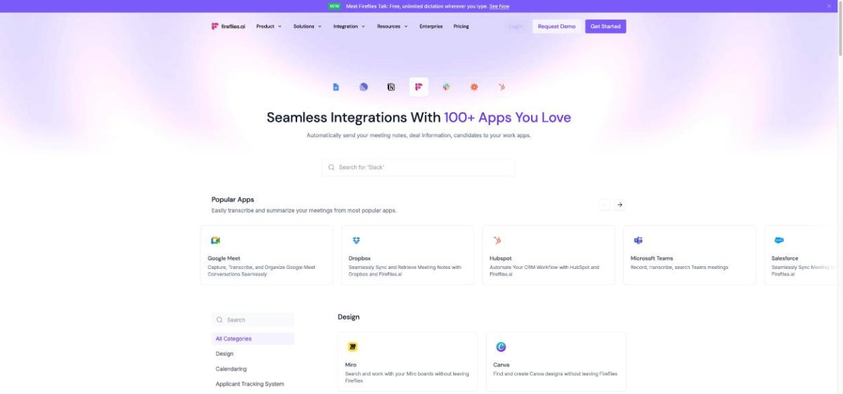 Fireflies.ai integrations page with Google Meet, Dropbox, HubSpot and Microsoft Teams