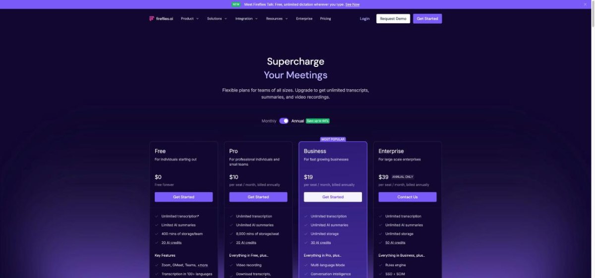 Fireflies.ai pricing page with Free, Pro, Business and Enterprise plans