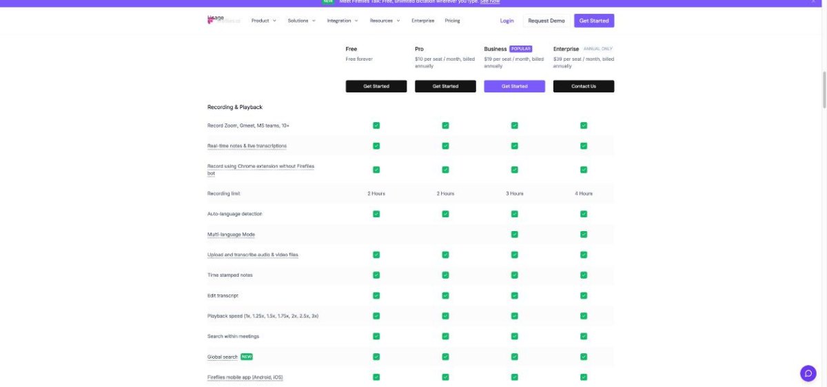Fireflies.ai plan comparison showing recording limits and Chrome extension recording without the bot