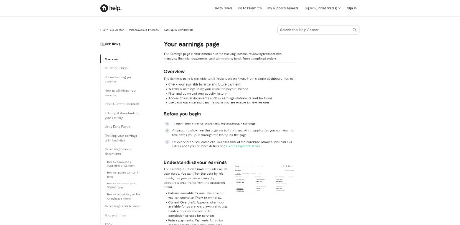 Fiverr earnings page help article showing freelancers earn 80 percent per order