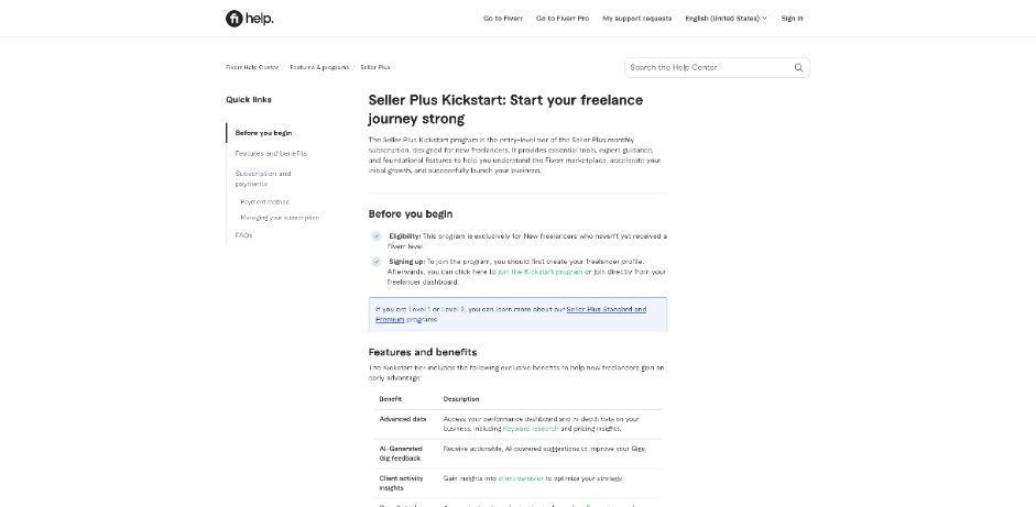 Fiverr Seller Plus Kickstart help article for new freelancers