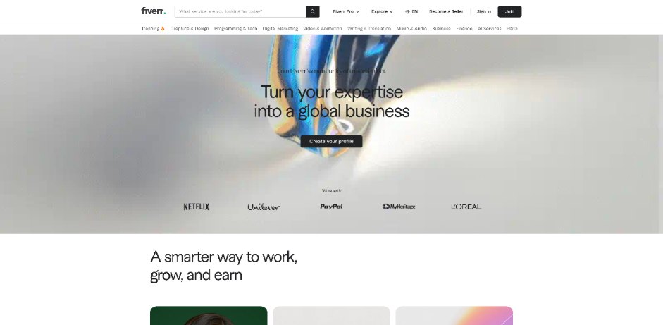 Fiverr start selling page inviting freelancers to create a profile